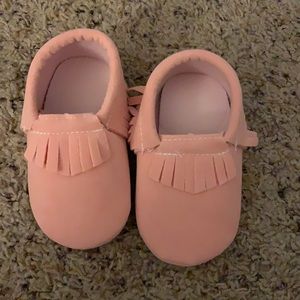 Peach faux suede moccasins